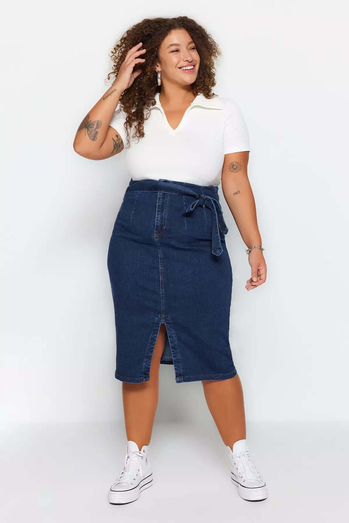 Buy Trendyol Plus Size Dark Blue Belted High Waist Slit Denim