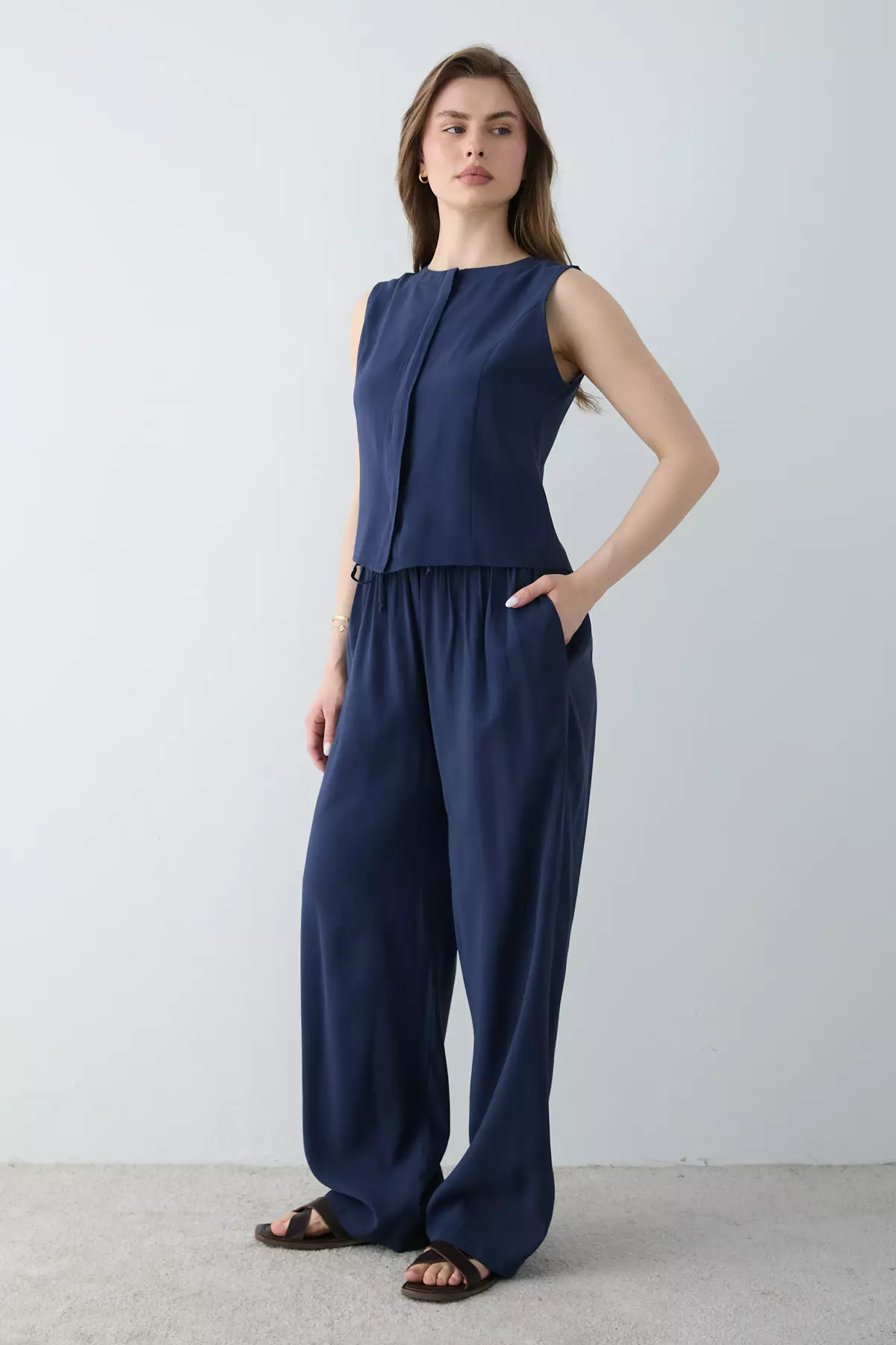 Navy Blue Modal Look Blouse And Trousers Woven Bottom - Top Set Twoss26Au00086