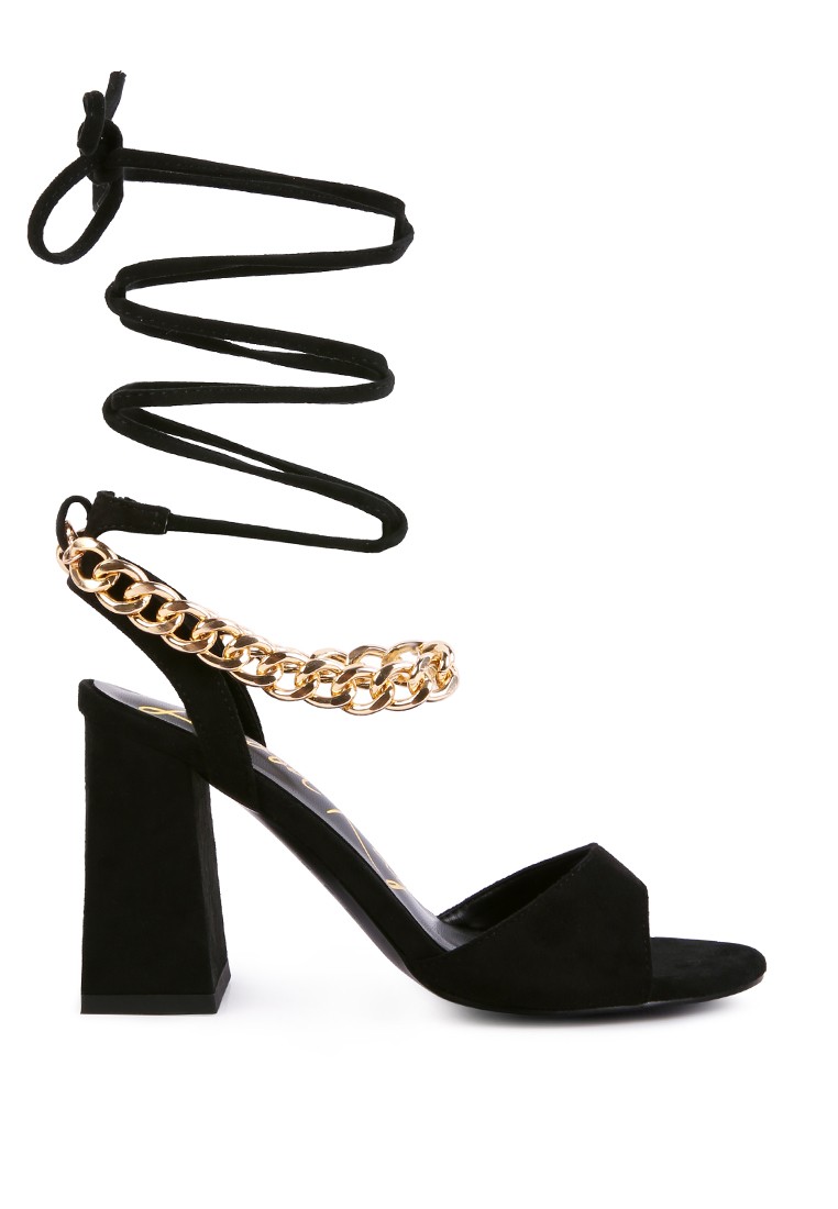 Black Chain Detail Tie Up Block Heels