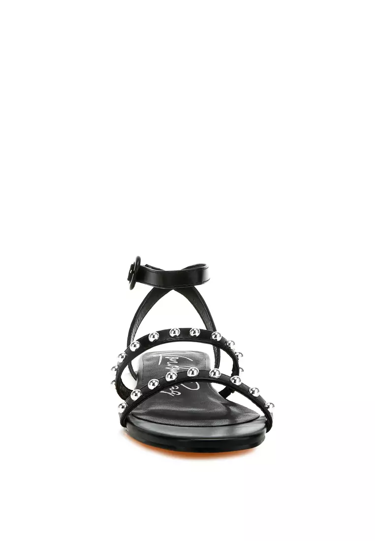 Studded Ankle Strap Flat Sandals in Black