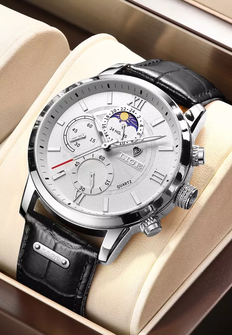 Chronograph, Unisex, Stainless Steel Quartz Watch 43mm, white dial, on Black Leather Strap
