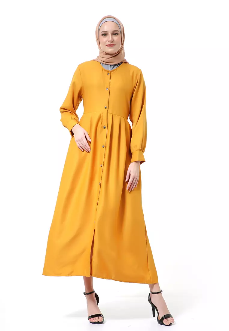 Kiyah Dress Button Muslimah Atasan Wanita Long Sleeve Premium Quality - Mustard
