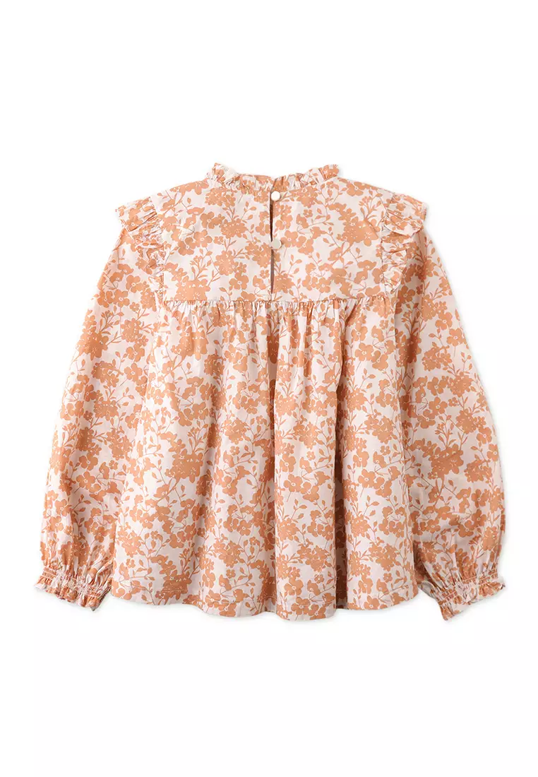 Girls Printed Long Sleeves Top With Diamond Smocked Yoke