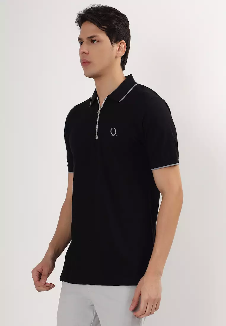 男士黑灰色翻领袖口棉质 Polo 衫/T 恤，拉链款，短袖，宽松版型