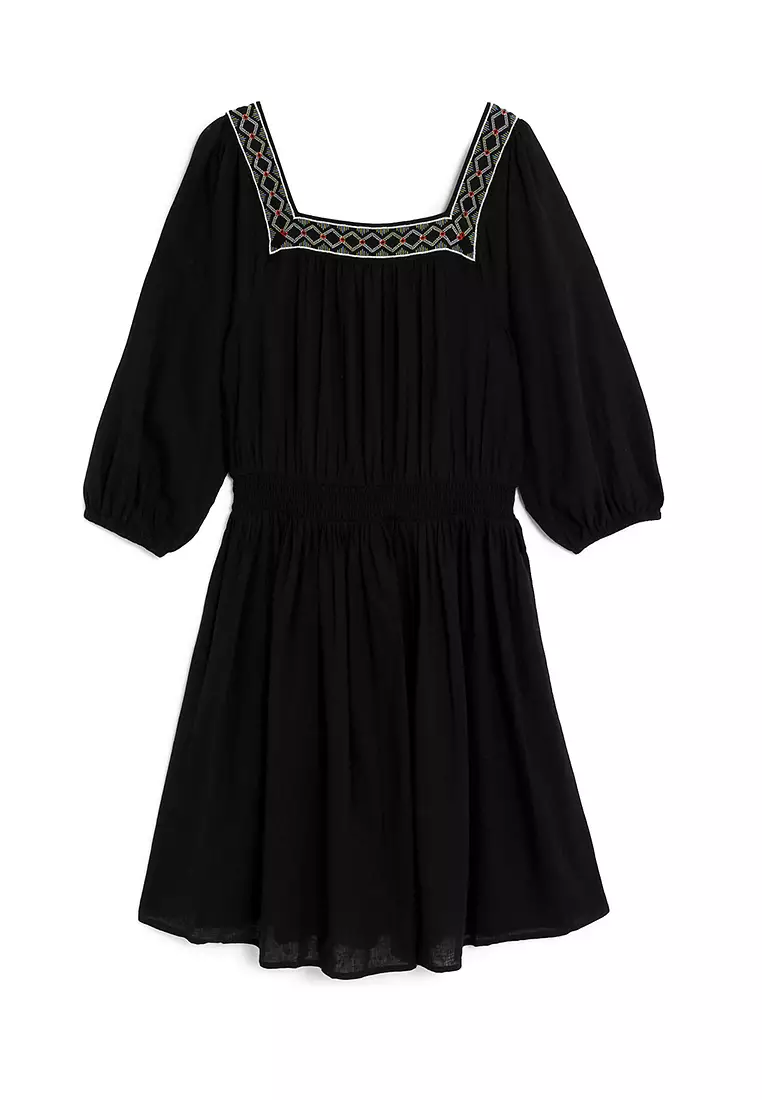 Linen Blend Embroidered Shirred Dress