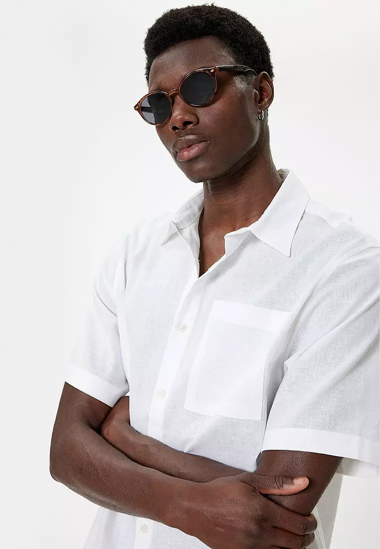 Basic Short Sleeve Pocket Detail Linen Shirt