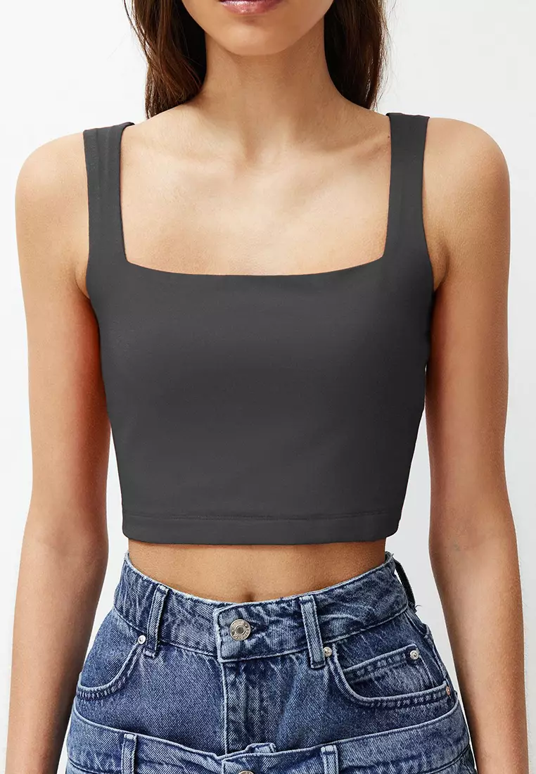 Anthracite Plain Slim Square Neck Super Crop Knitted Undershirt