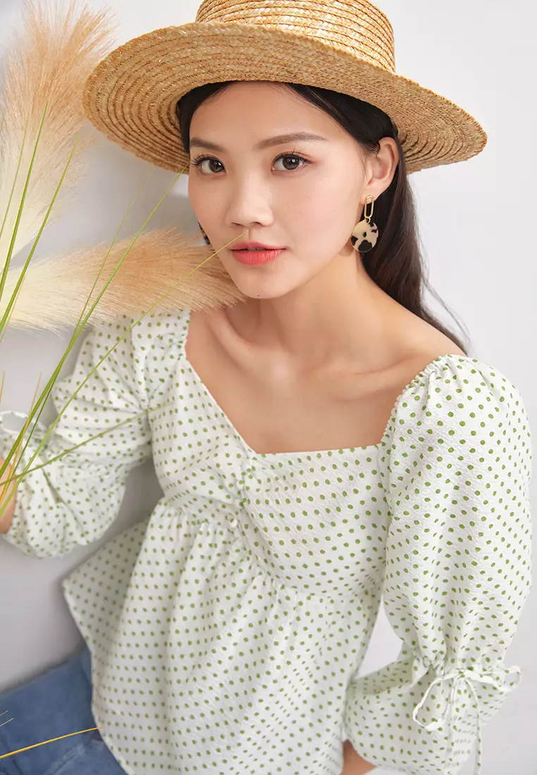 Puff Sleeve Ruched Polka Dot Top