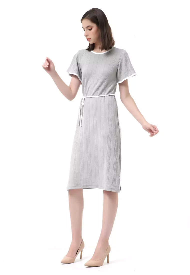 Rachel Dress Wanita Lengan Pendek Model Tali Pinggang Plain Motive Material Curly Kinit ORIGINAL - Gray Mint