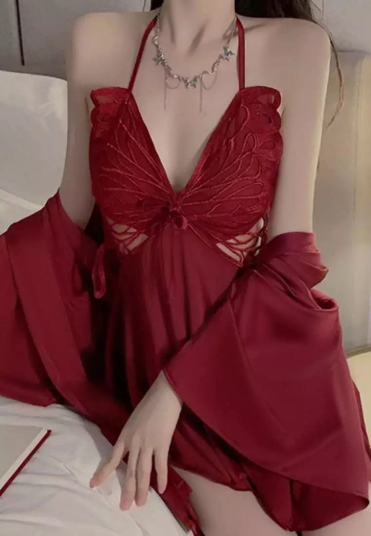 New style butterfly ice silk sling backless pajamas nightdress Lingerie K062601R