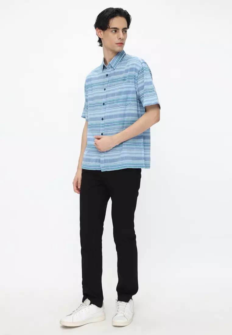 POLICE Kemeja Salur Printing Biru Regular Fit Pria