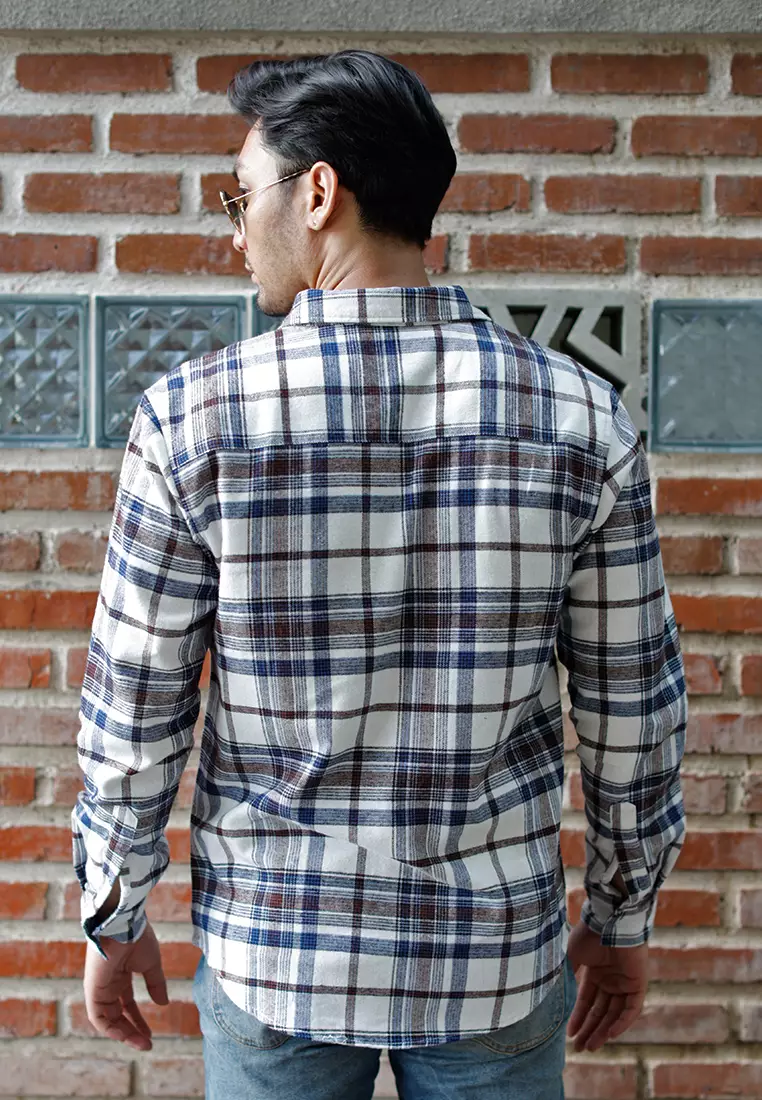 OXCON Extra Comfort Authentic Flannel Shirt White Blue Navy