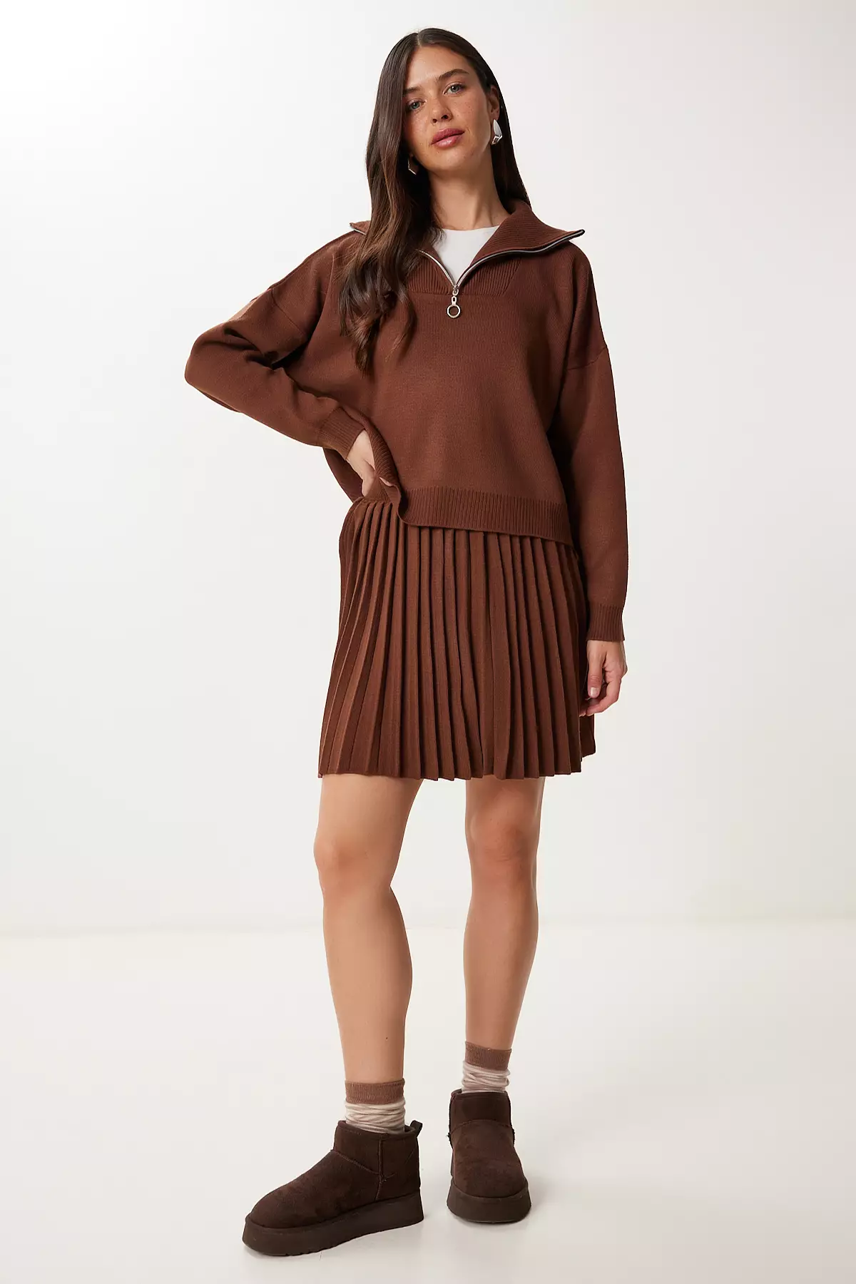 Women'S Brown Knitwear Sweater Skirt Set Pf00113