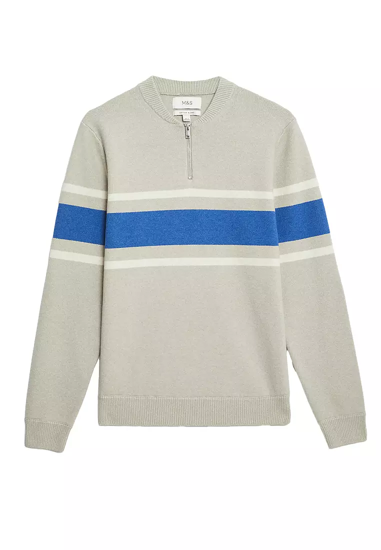 Cotton Blend Striped Half Zip Jumper