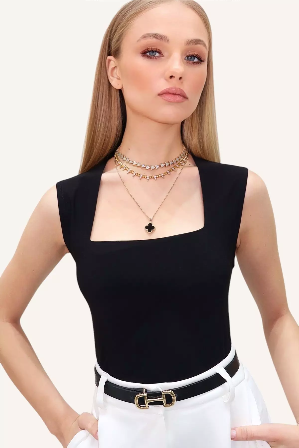 Women's Black Square Neck Thick Strappy Sandy Blouse