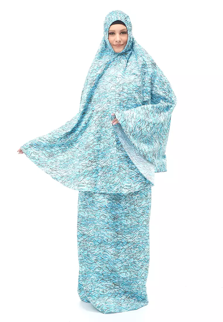 Damara Mukenah Bali Muslimah Atasan Bawahan Wanita Motif Kombinasi Relaxed Fit - Blue