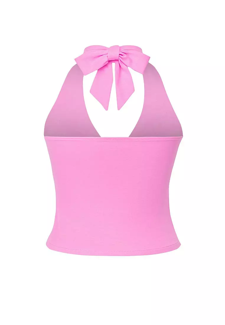Light Pink Straight Halter Neck Sleeveless Knitted Viscose Single Jersey Party Blouse Tprss25Bz00048