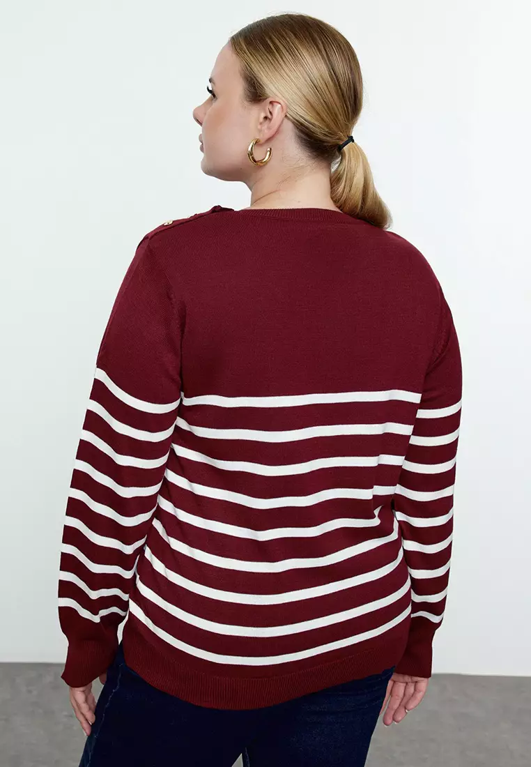 Burgundy Striped Crew Neck Knitwear Sweater Tbbaw23An00119