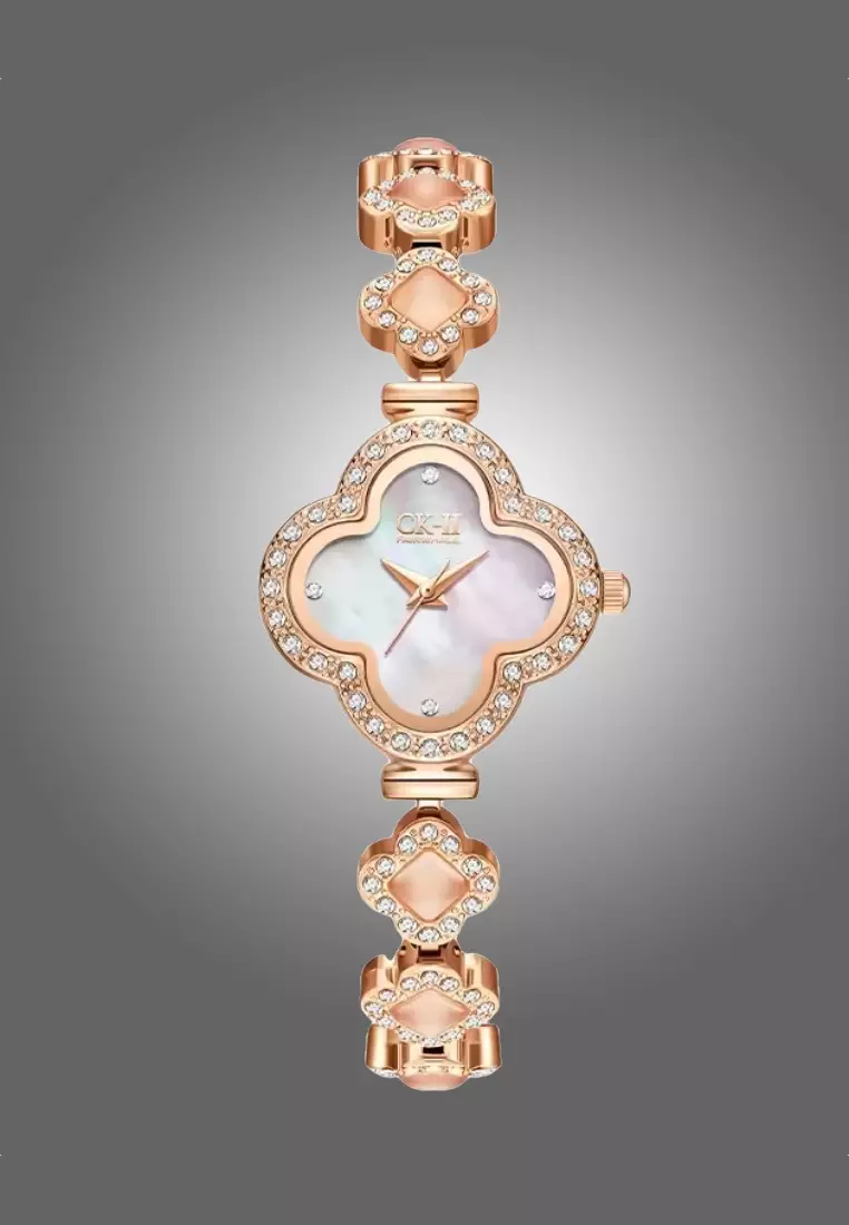 女士幸運四葉草不鏽鋼石英腕錶，鑲有水晶，金屬錶帶