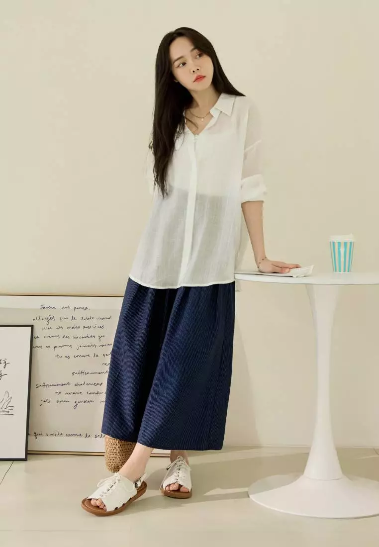 Pinstripe Pleated Wide-Leg Pants with Elastic Waist [BA7839]