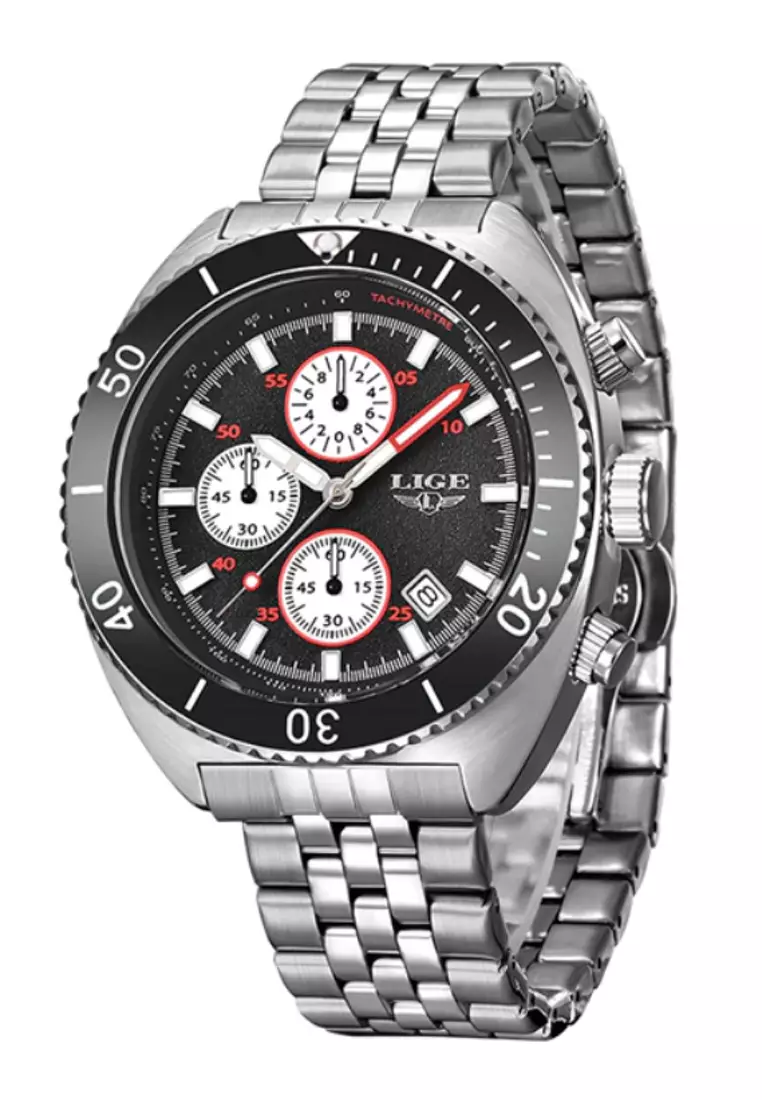 Unisex Chronograph Diver's Stainless Steel Quartz Watch with turning Bezel on Steel Bracelet