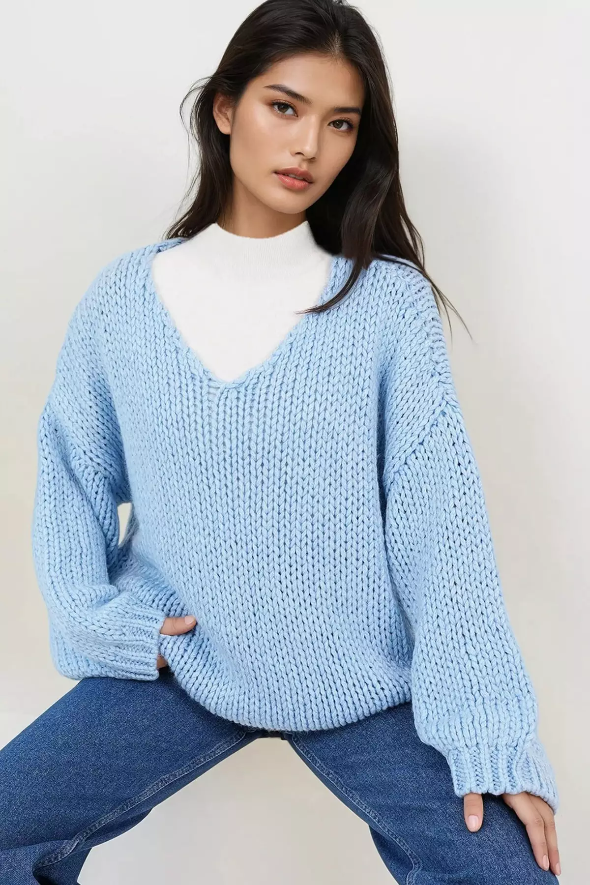 Blue V-Neck Thick Thessaloniki Knitted Soft Textured Oversize Sweater Alc-X14850