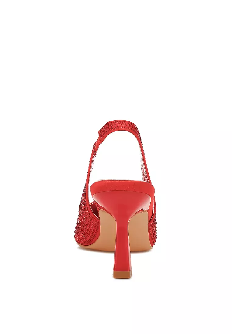 Luxurious Satin Pearl Slingback Sandals in Red