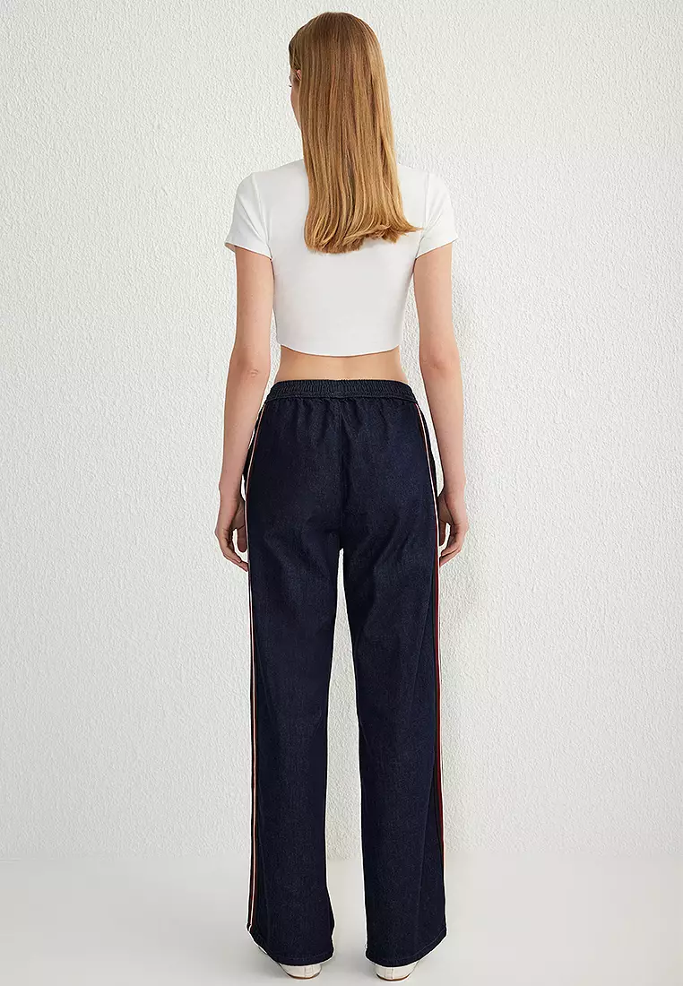Dark Blue Elastic Waistband Stripe Detail High Waist Wide Leg Jeans