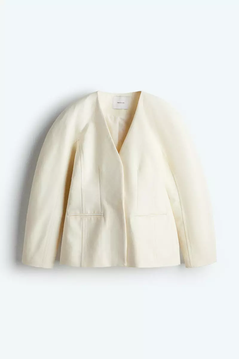 Collarless twill blazer