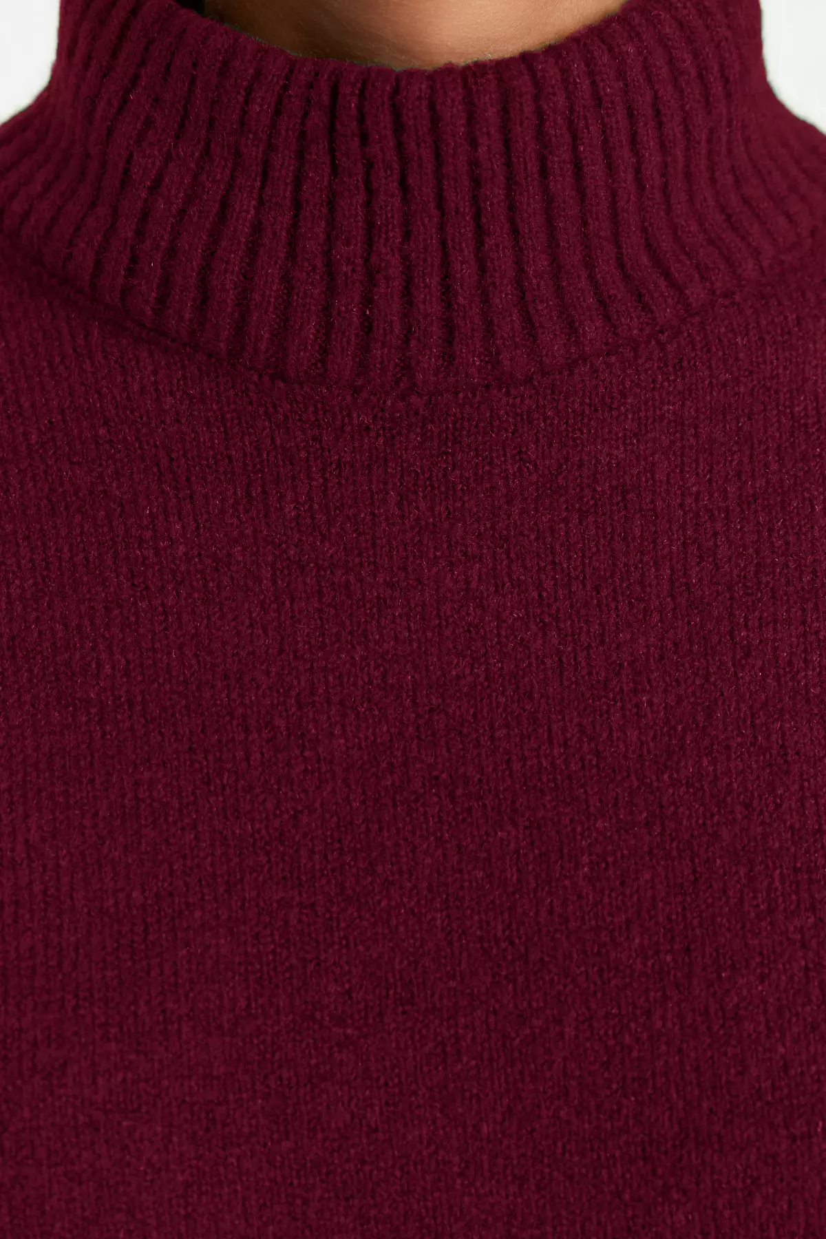 Claret Red Wide Pattern Soft Textured Stand Collar Knitwear Sweater