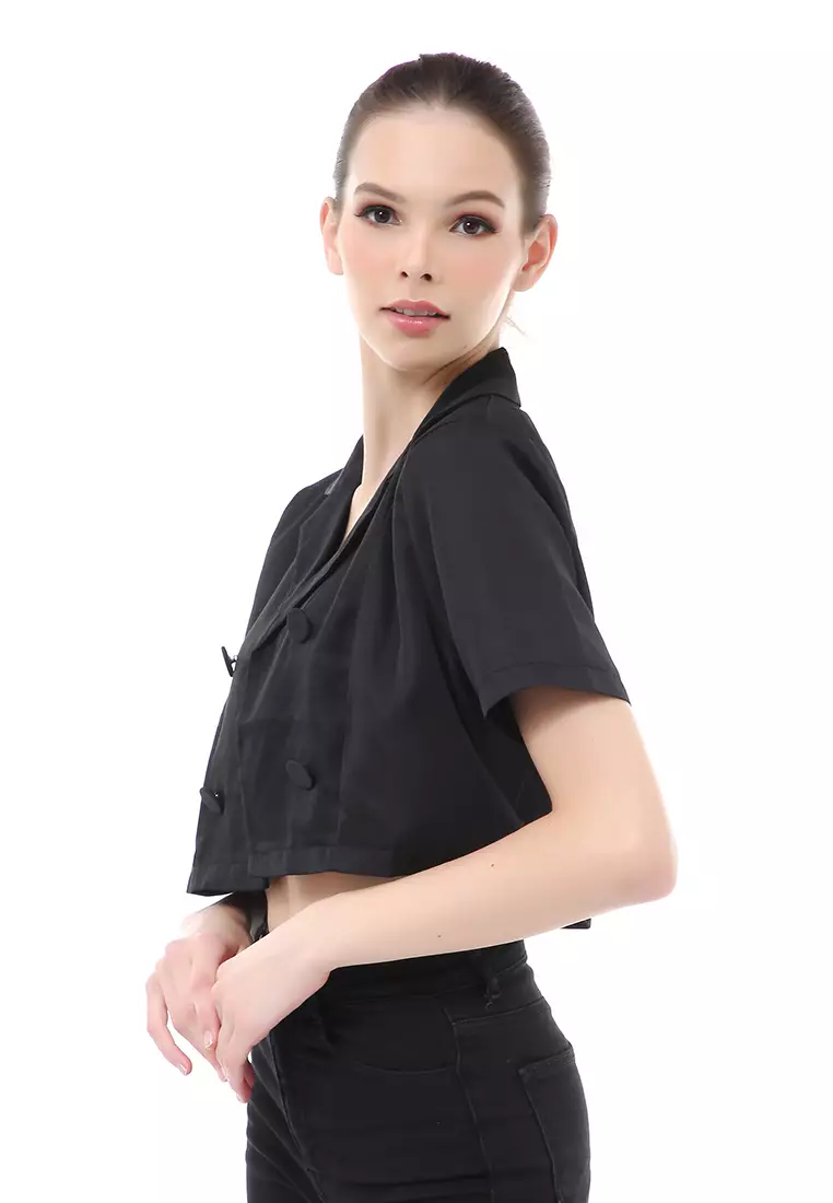 Myra Blazer Wanita Lengan Pendek Simple Design Motif Polos Material Cotton ORIGINAL - Black