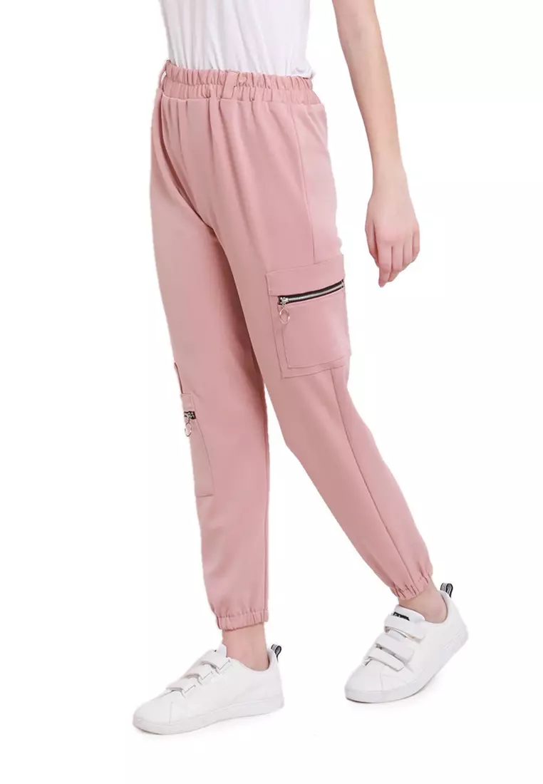 Levana Celana Jogger Zipper Long Pants Rubbery Waist Bawahan Wanita - Dusty Pink
