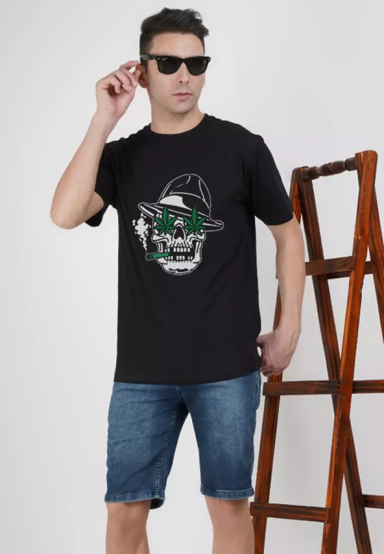 Weed Skull Print Graphic Black Short Sleeves Regular Fit Tee