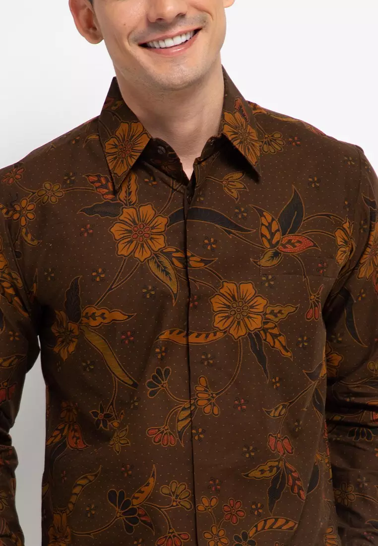 Kemeja Batik Katun Lengan Panjang Motif MAWAR PUTIH ABU Batik Exclusive Spesial Laseman Premium