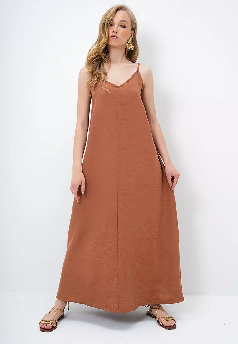 Women's Brown Adjustable Strap V-Neck Aerobin Summer Dress Alc-X14067