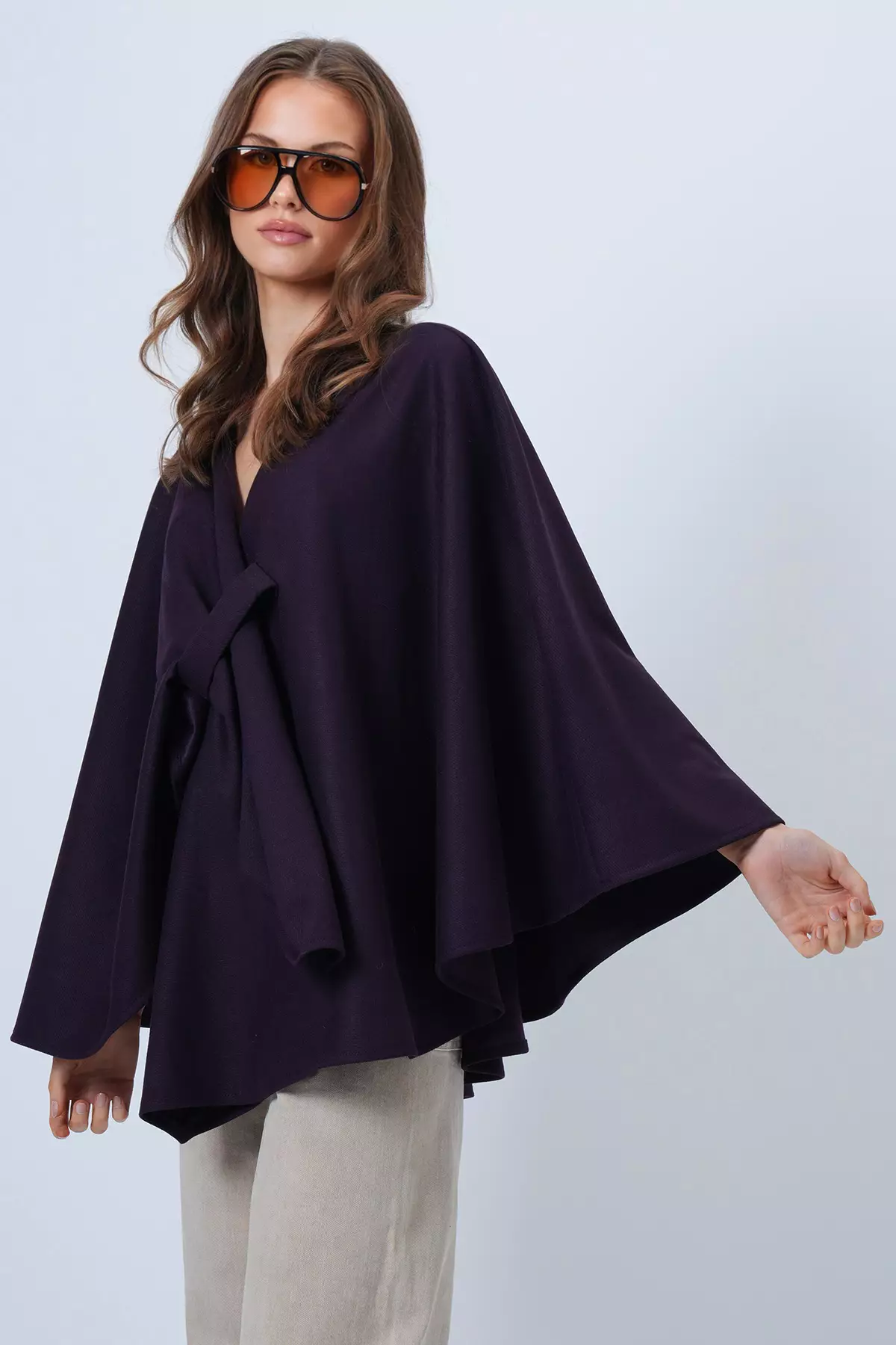 Women'S Purple Collar Design Knitwear Poncho Alc-X14672