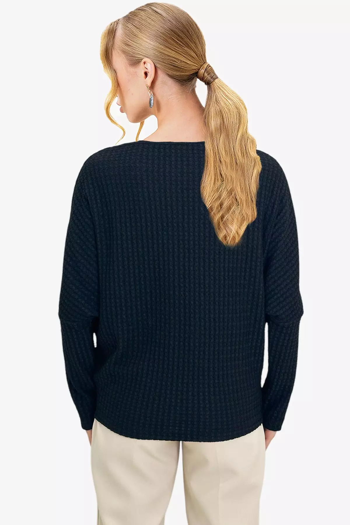 Women's Black Degaje Collar Wide Cut Knitted Blouse