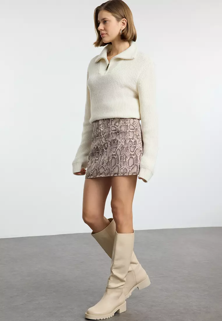 蛇紋啡色迷你牛仔裙