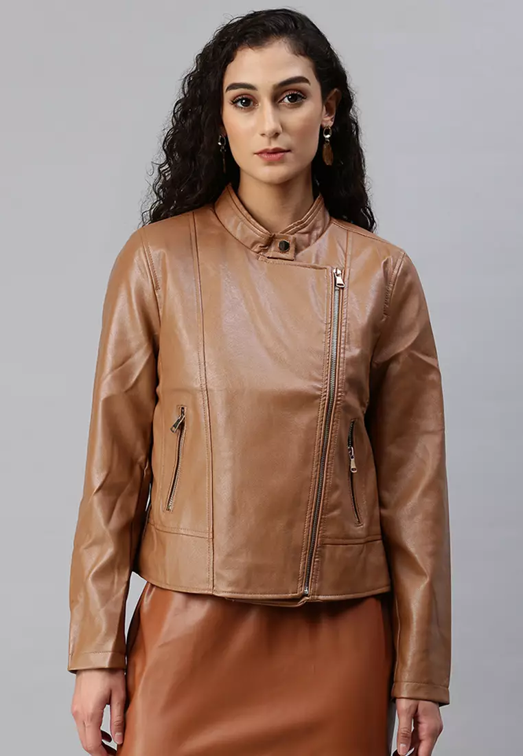 Caramel leather jacket womens best sale