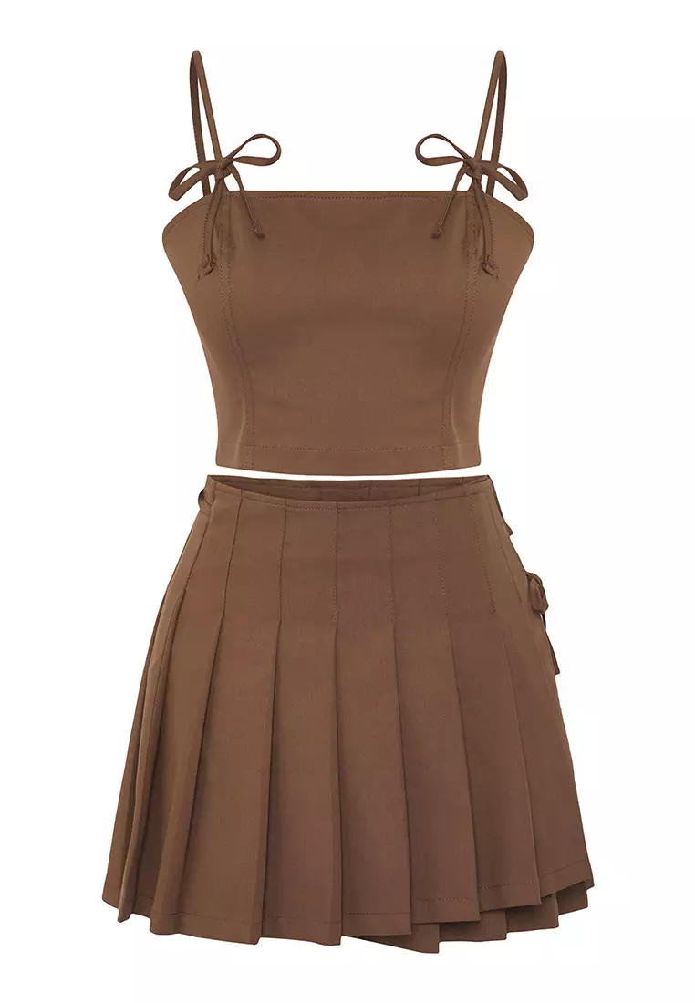 Light Brown Pleated Double Breasted Skirted Bow Crop Blouse Cotton Two Piece Bottom Top Set TWOSS25AU00111