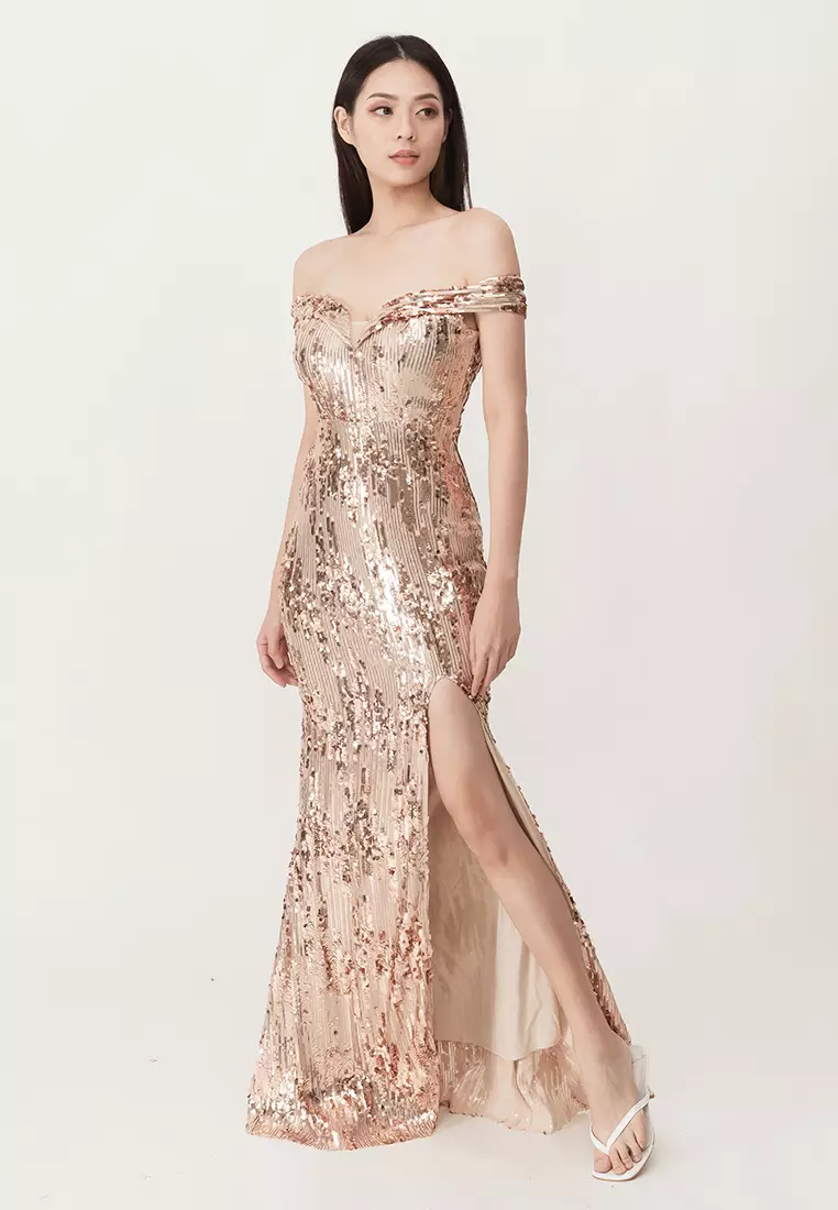 Buy Bebebeige Off Shoulder Sequins Slim Fit Maxi Dress Online | ZALORA  Malaysia