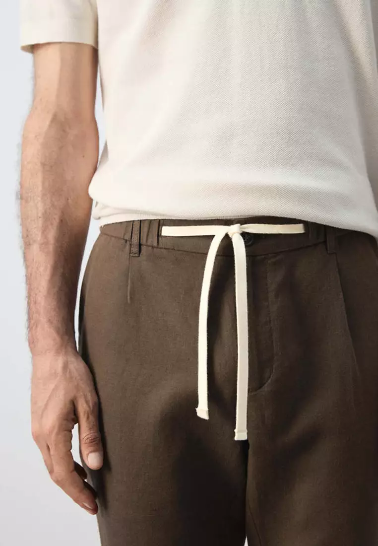 Slim Fit Cropped Linen-Cotton Trousers