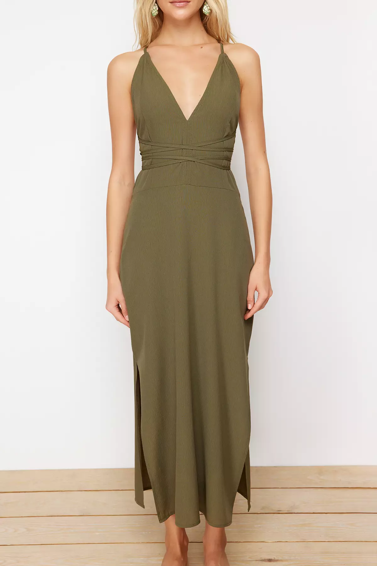 Khaki Midi Woven Backless Beach Dress