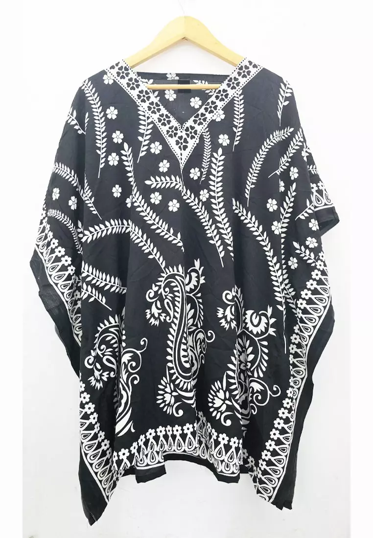 Pakaian Wanita Poly Printed Kaftan Dress Wanita Black & White