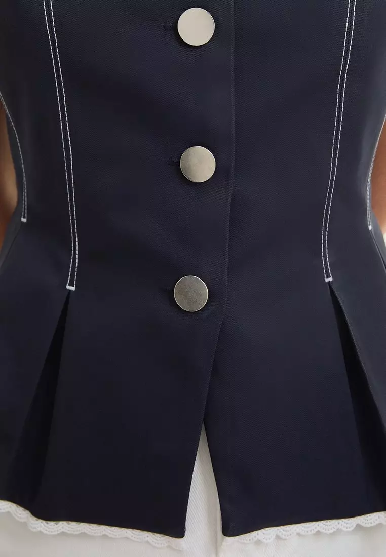 Tailored Button Front Vest - Navy