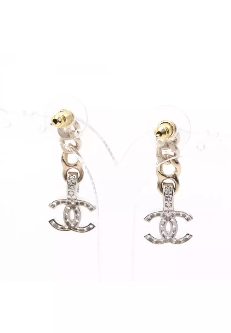 Pre-Loved Chanel coco mark earrings GP Rhinestone gold Silver clear B22S