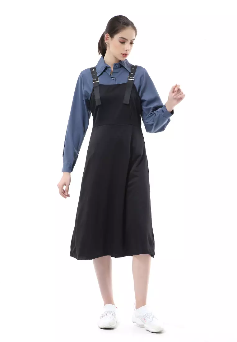 Nayra One Set Setelan Kemeja Dress Kodok Wanita Lengan Panjang Material Sutra ORIGINAL - Blue