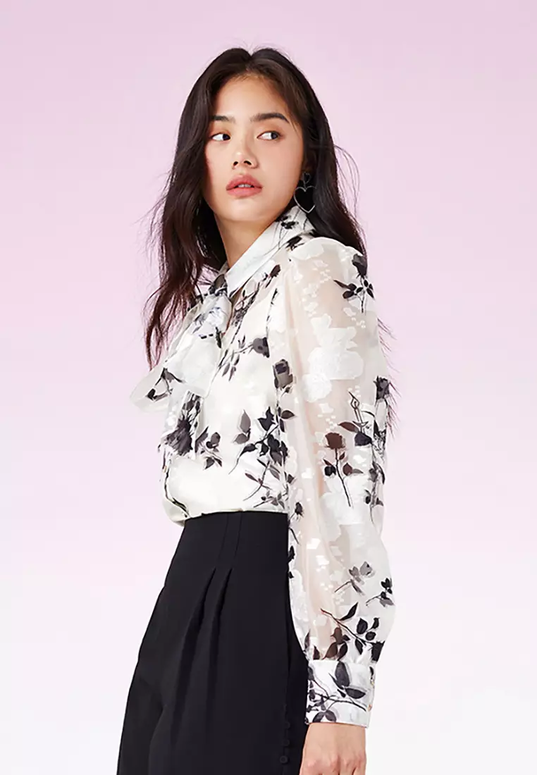 Long Sleeve Floral Smart Casual Blouse with Waist Tie