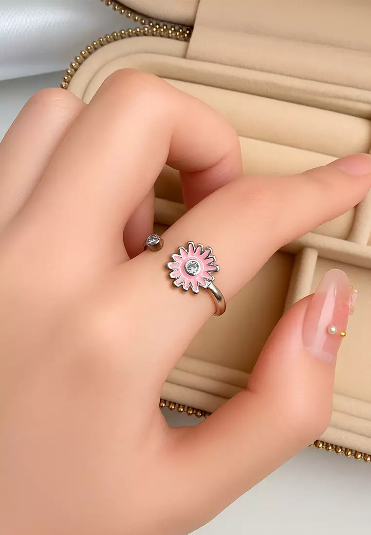 Pink Daisy Flower with Diamonelle Adjustable Ring