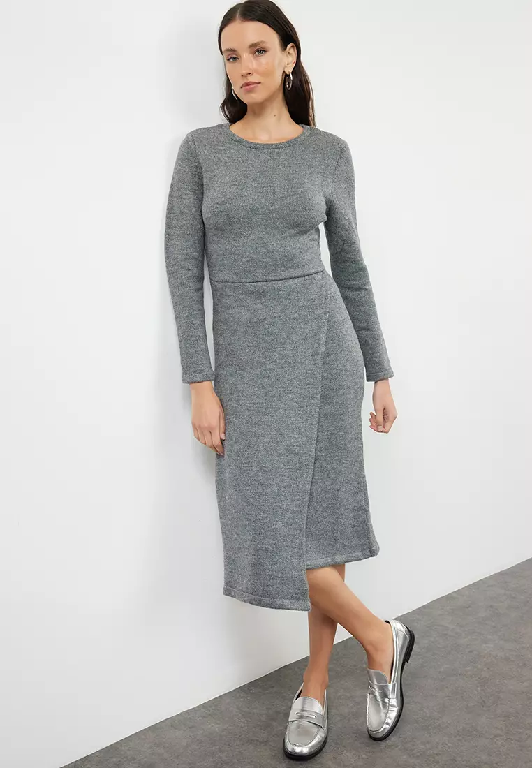 Soft Textured Anthracite Midi Knitwear Double Breasted Dress - Twoaw25El41